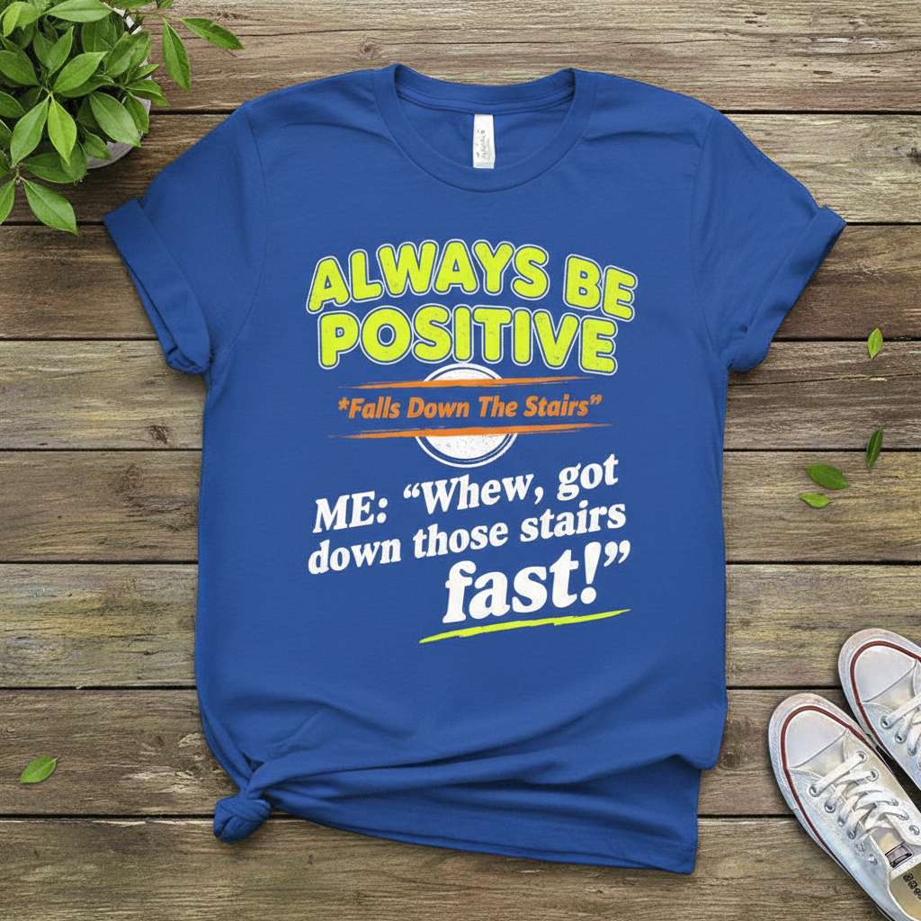 Always Be Positive Falls Down The Stairs ME Whew Got Down Those Stairs Fast! T-Shirt, Funny Graphic Tee