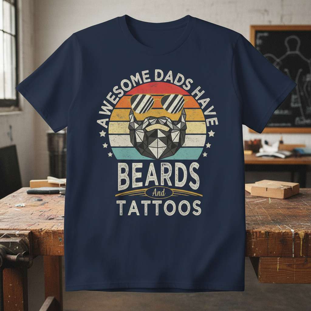 Awesome Dads Have Beards And Tattoos Retro Graphic T-Shirt, Funny Dad Tee Gift Idea