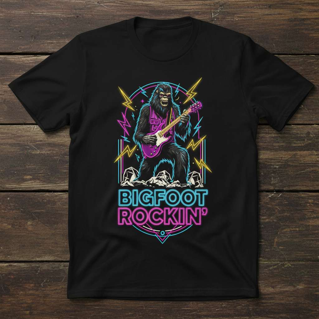 Bigfoot Rockin Graphic T-Shirt, Funny Music Tee Gift Idea