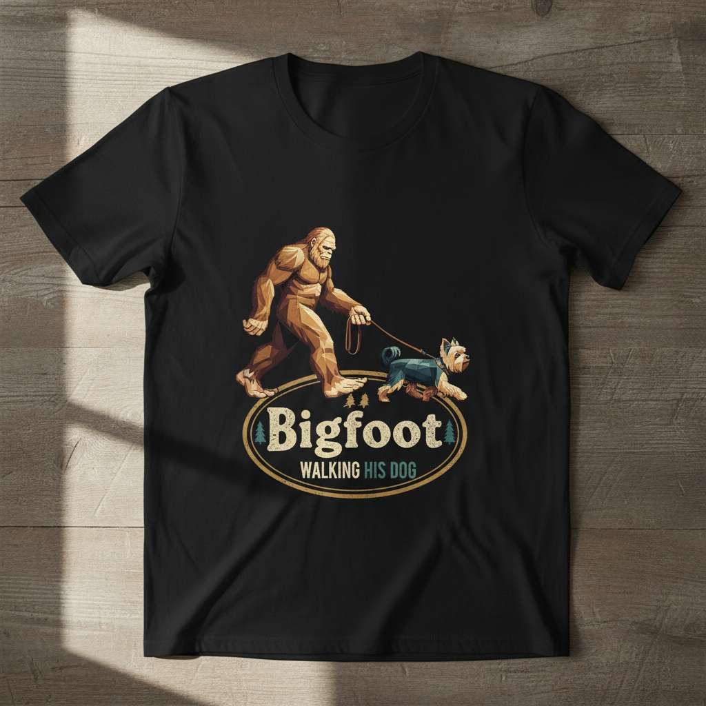 Bigfoot Walking His Dog Graphic T-Shirt, Funny Novelty Tee