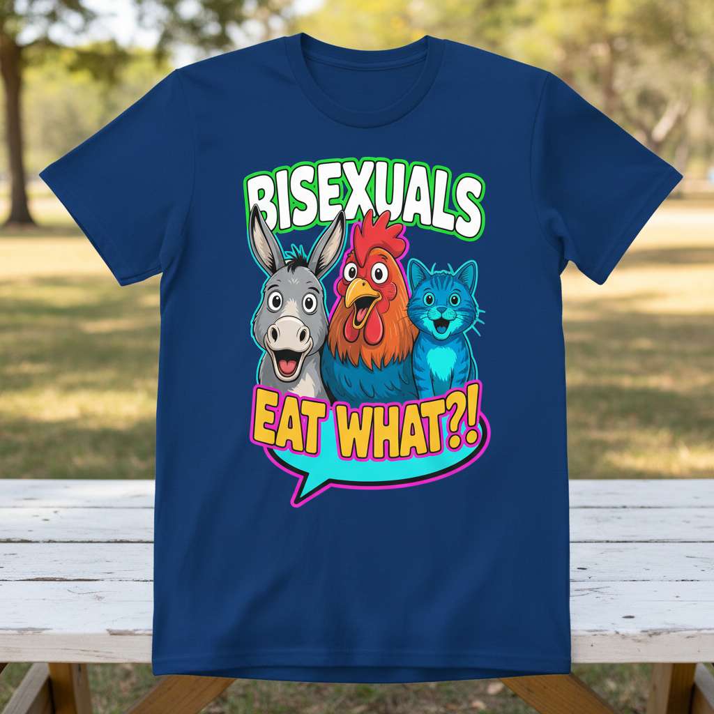 Bisexuals Eat What-! Funny T-Shirt, LGBT Pride Humor Meme Tee Present