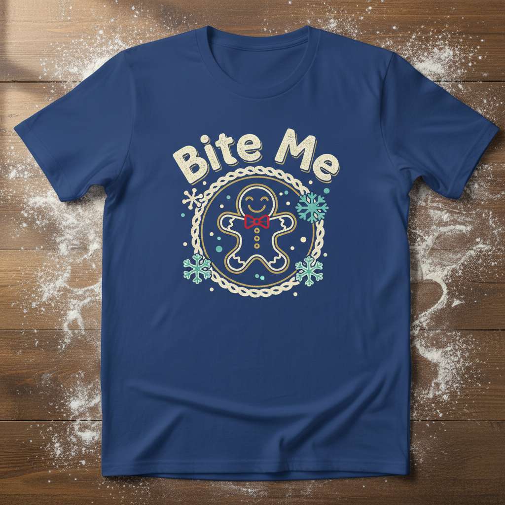 Bite Me Gingerbread Man Funny T-Shirt, Novelty Christmas Tee