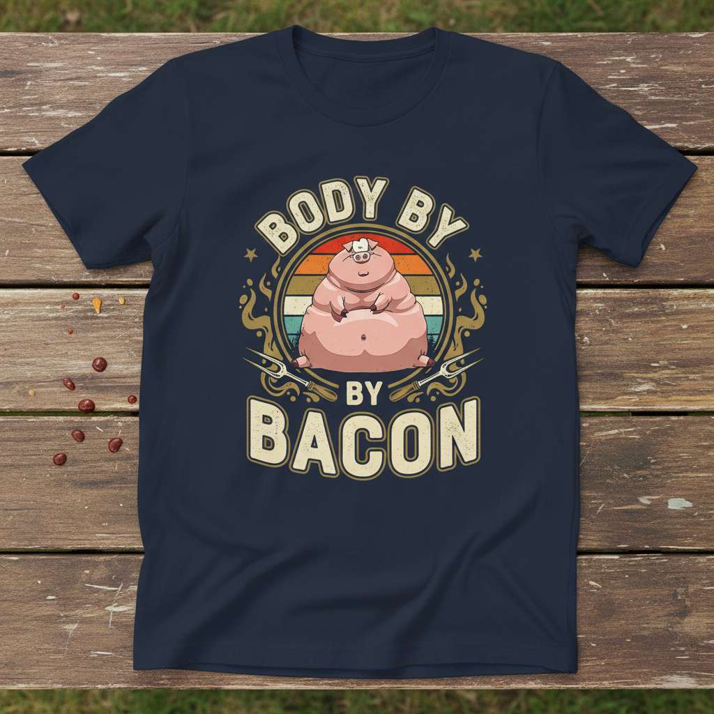 Body By Bacon Funny Humorous Fat Pig Retro Vintage T-Shirt, Novelty Graphic Tee