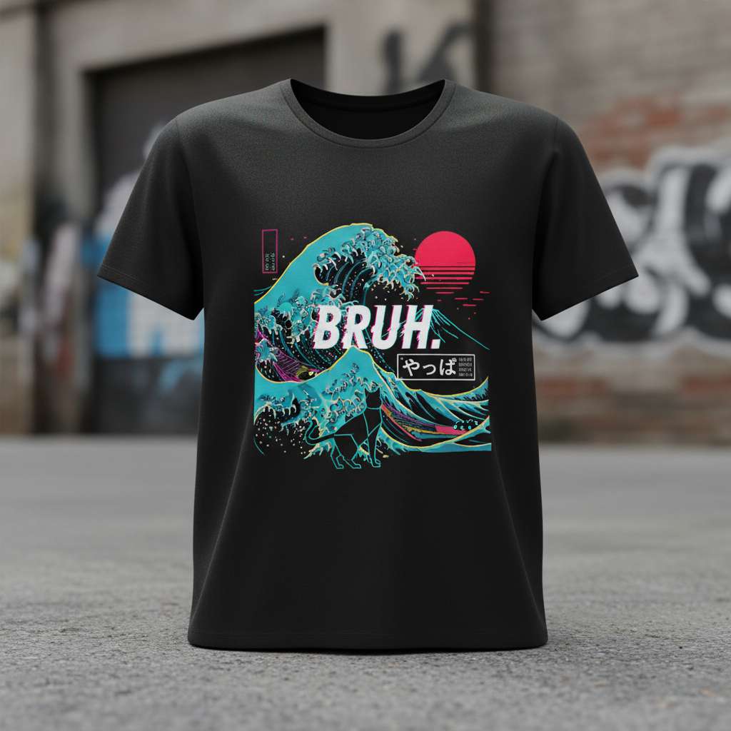 Bruh Japanese Wave Cat T-Shirt, Graphic Anime Tee, Unisex Wear