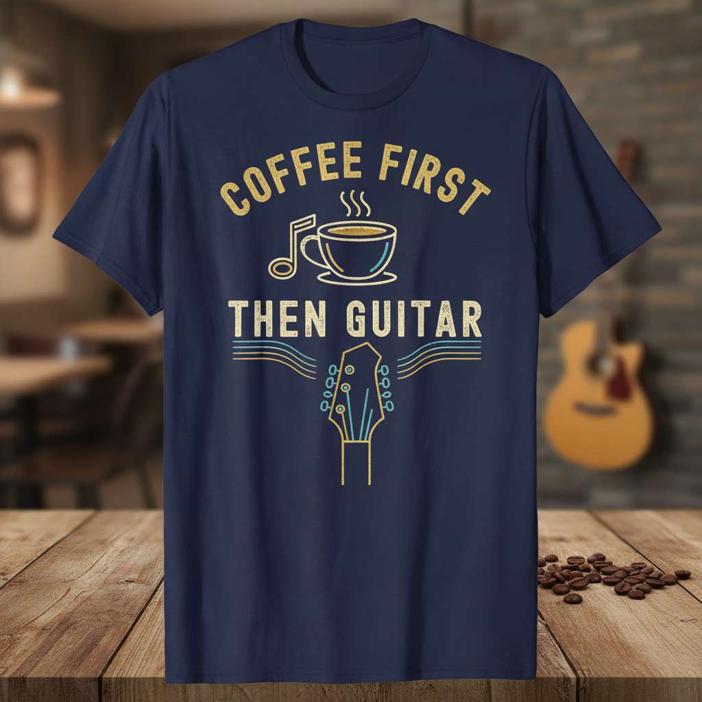 Coffee First Then Guitar Graphic T-Shirt, Novelty Coffee Lover Tee Gift