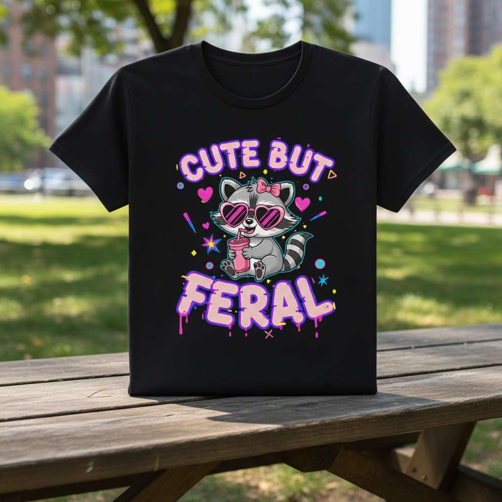 Cute But Feral Raccoon Graphic T-Shirt, Funny Novelty Tee