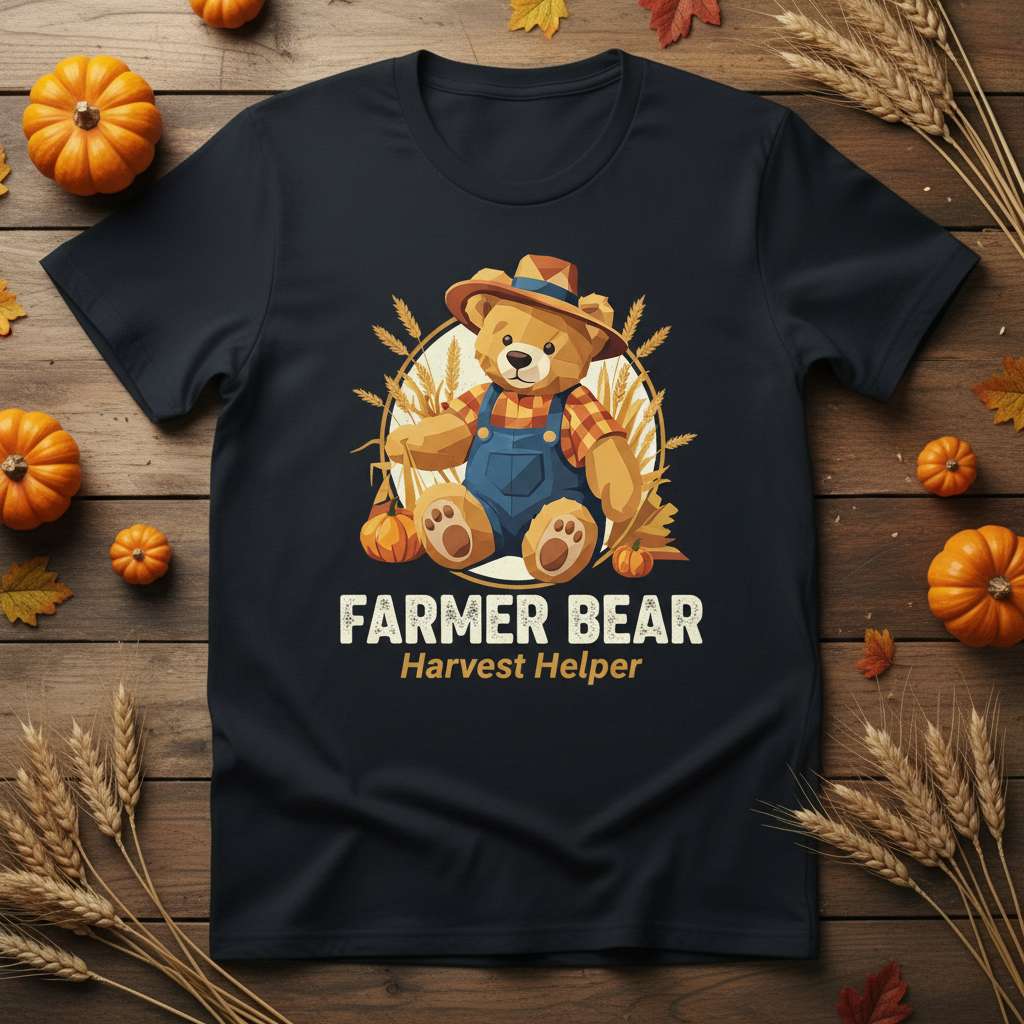 Farmer Bear Harvest Helper Graphic T-Shirt, Cute Unisex Tee Top Gift Idea
