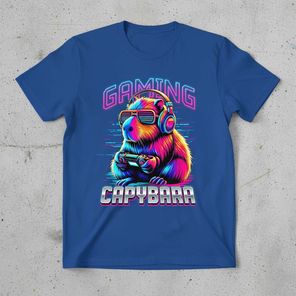 Gaming Capybara Retro Synthwave T-Shirt Graphic Tee Funny Gamer Gift Idea