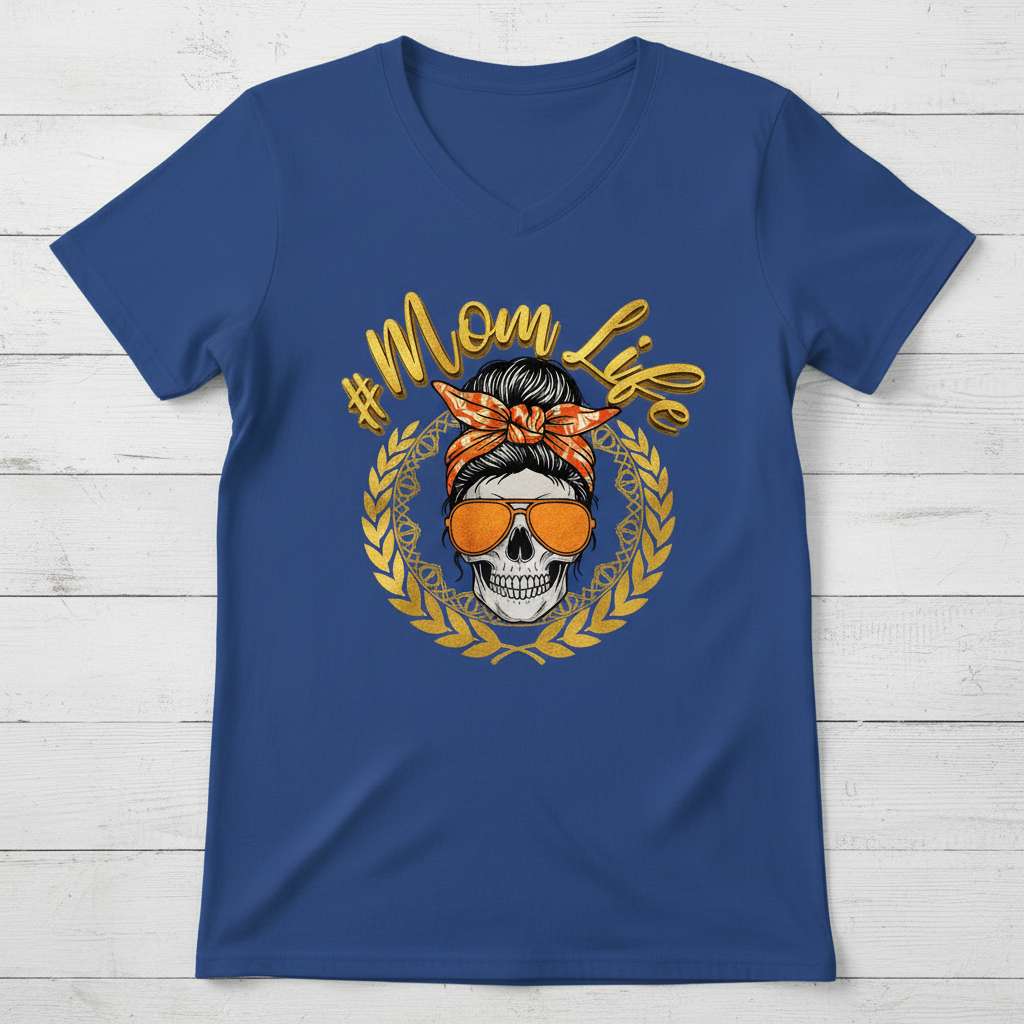#Mom Life Graphic T-Shirt, Funny Skull Messy Bun Tee Gift Idea