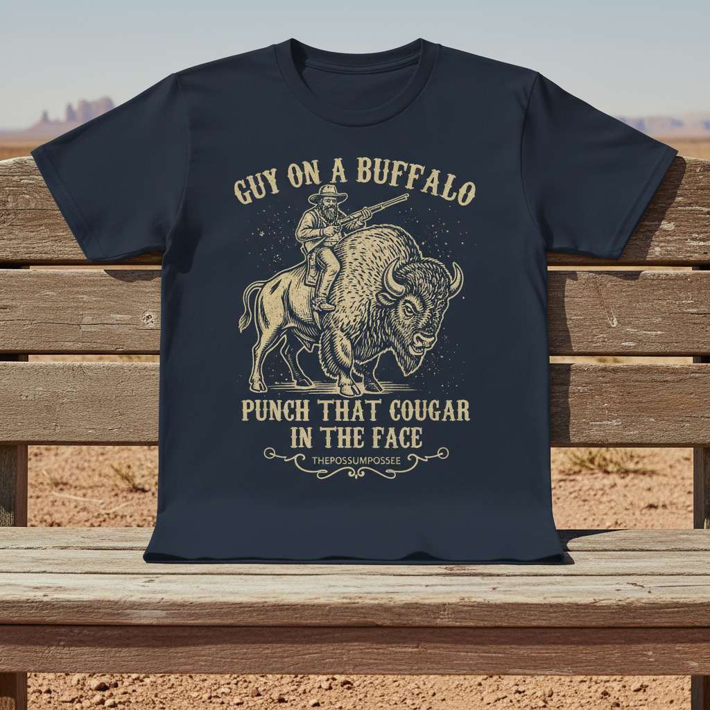 Guy On A Buffalo Punch That Cougar In The Face Graphic T-Shirt, Funny Novelty Tee