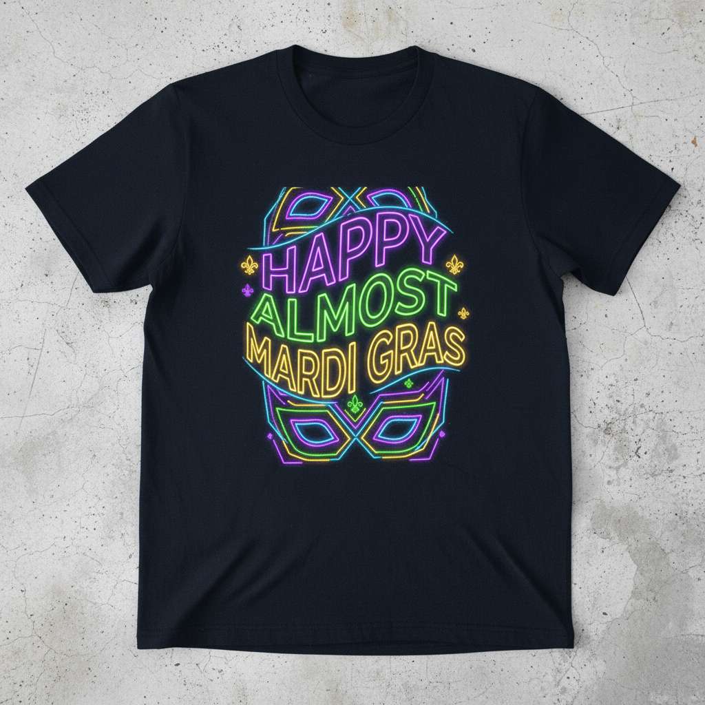 Happy Almost Mardi Gras Neon T-Shirt, Festive Party Tee Gift