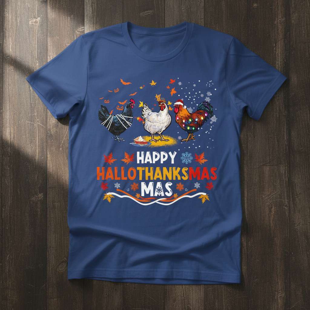 Happy HalloThanksMas Chickens Funny T-Shirt, Novelty Holiday Tee
