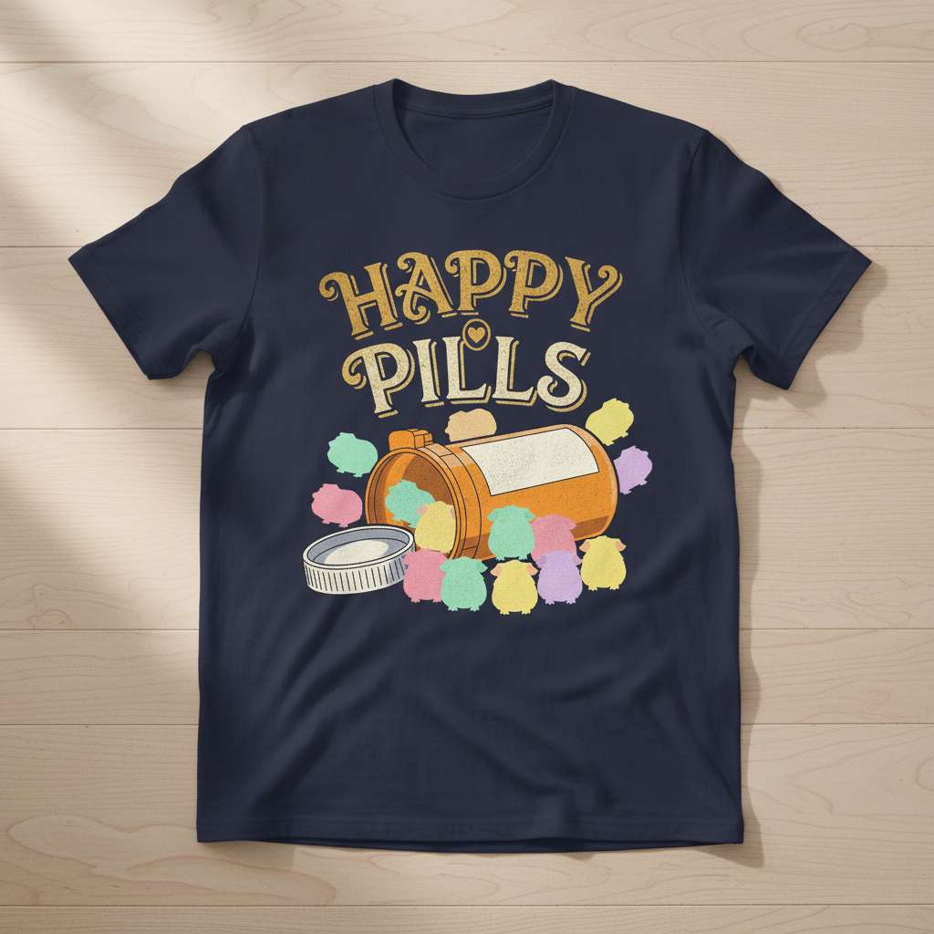 Happy Pills Graphic T-Shirt, Cute Novelty Tee Present Idea