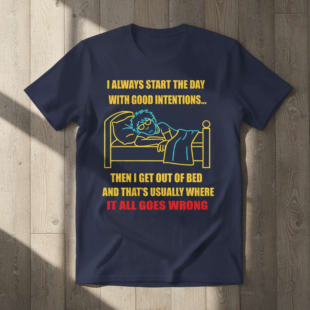 I Always Start The Day With Good Intentions Then I Get Out Of Bed And Thats Usually Where It All Goes Wrong Graphic T-Shirt Funny Novelty Tee