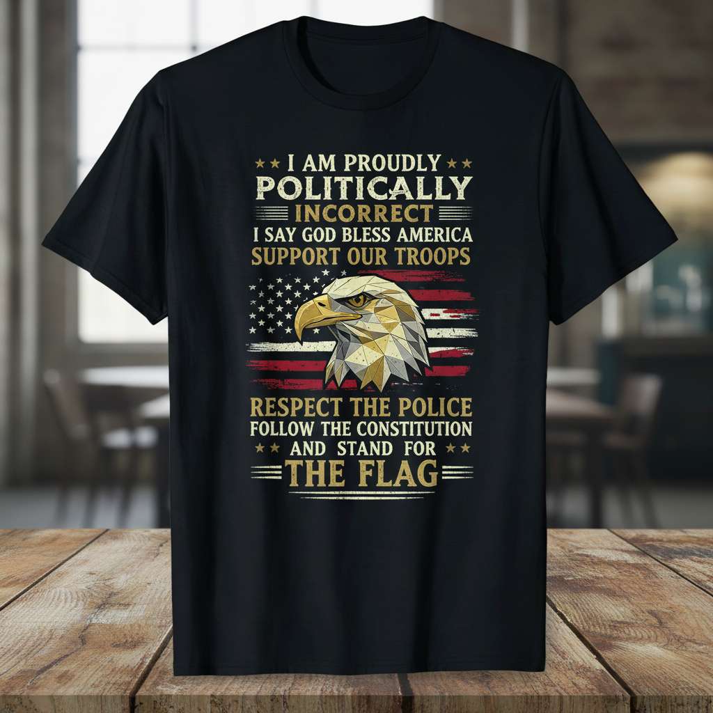 I Am Proudly Politically Incorrect I Say God Bless America Support Our Troops T-Shirt, Patriotic Eagle Tee Gift Idea