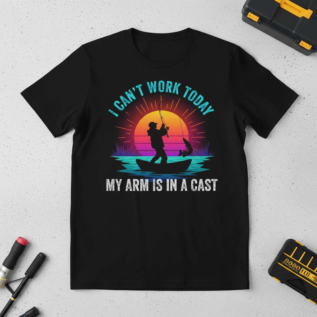 I Cant Work Today My Arm Is In A Cast Funny Fishing T-Shirt, Novelty Tee