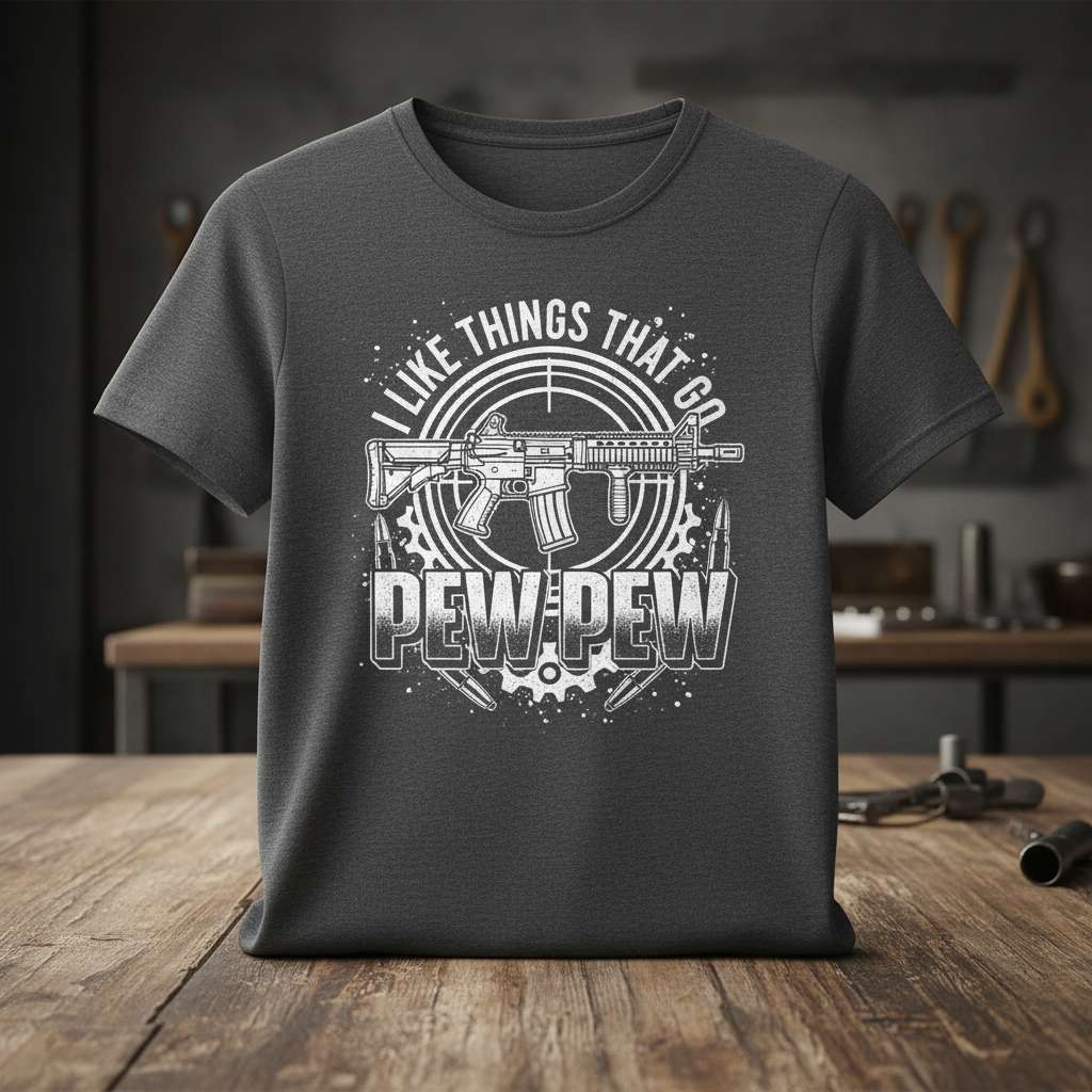 I Like Things That Go Pew Pew Graphic T-Shirt, Funny Gun Joke Tee Novelty Wear