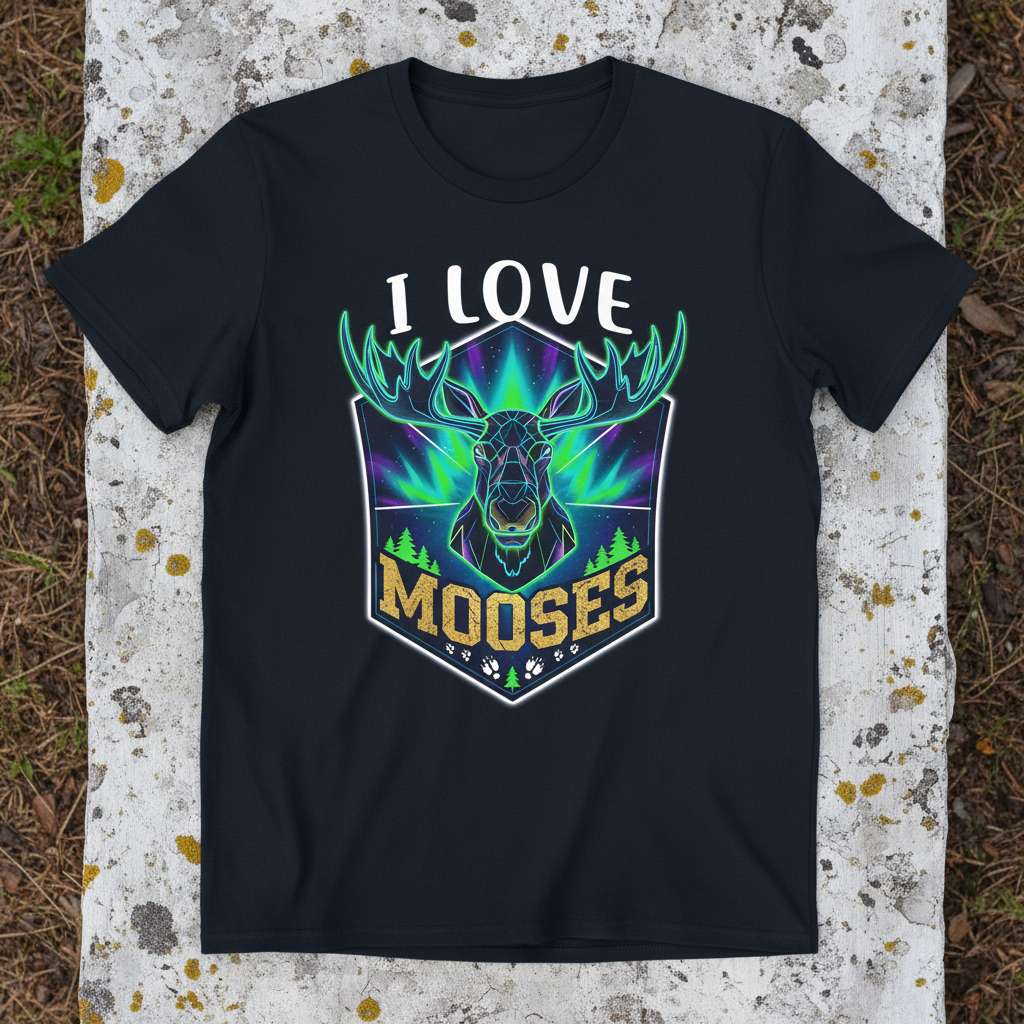 I Love Mooses Graphic T-Shirt, Nature Northern Lights Tee Gift Idea