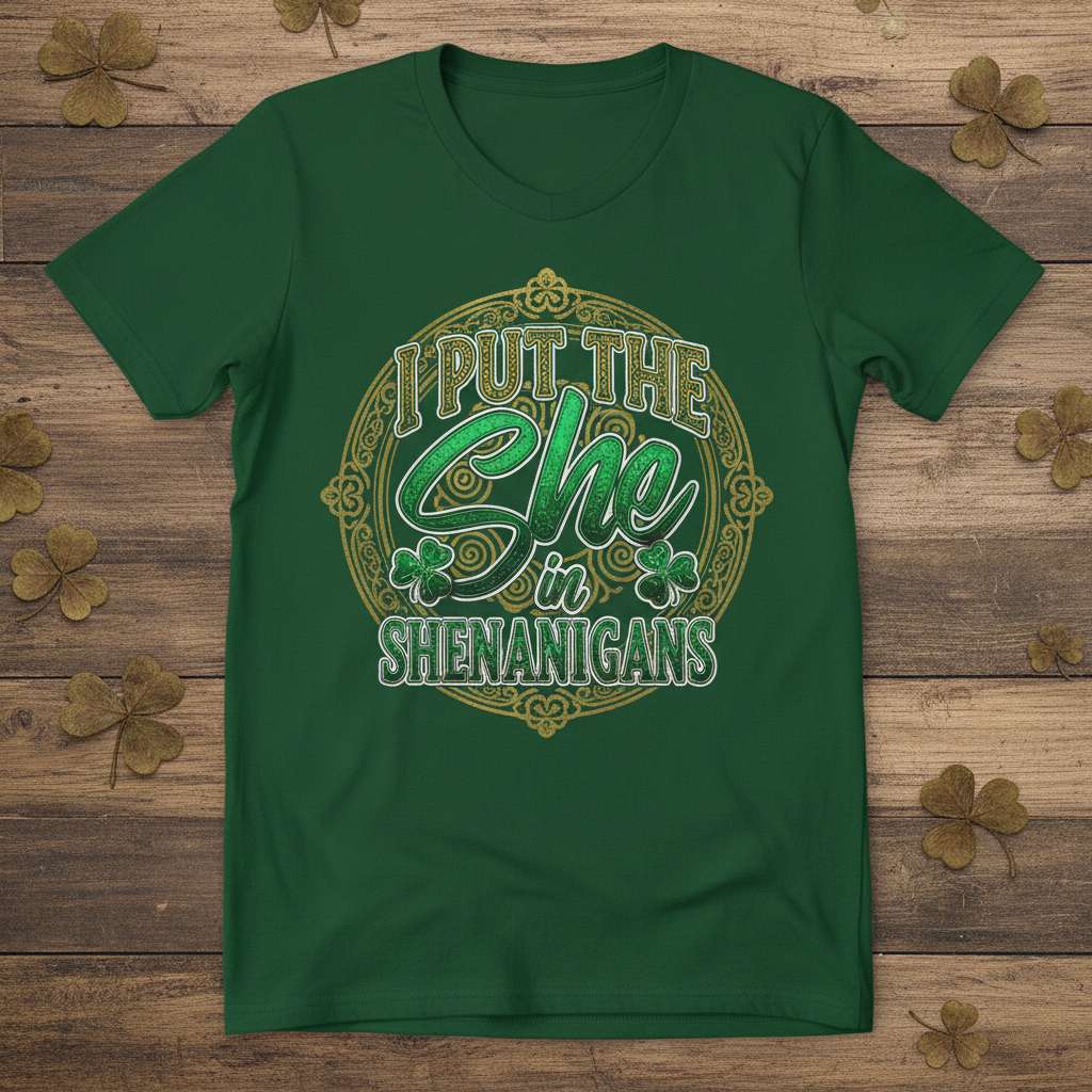 I Put The She In Shenanigans Graphic T-Shirt, Funny St. Patricks Day Tee Gift Idea