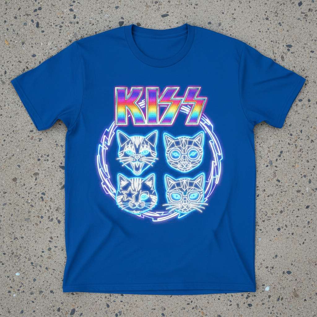 Kiss Cats Graphic T-Shirt, Retro Neon Tee Merch