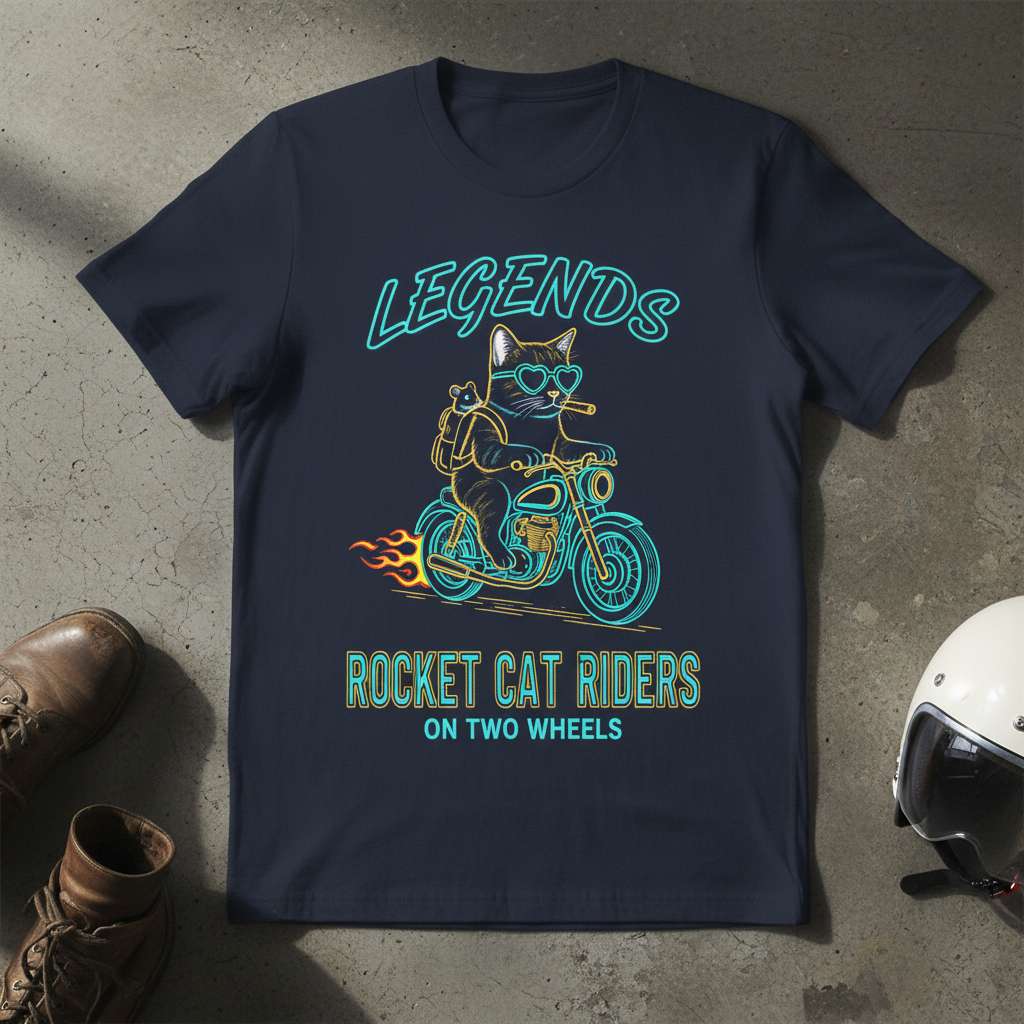 Legends Rocket Cat Riders On Two Wheels Graphic T-Shirt, Funny Biker Tee Gift Idea