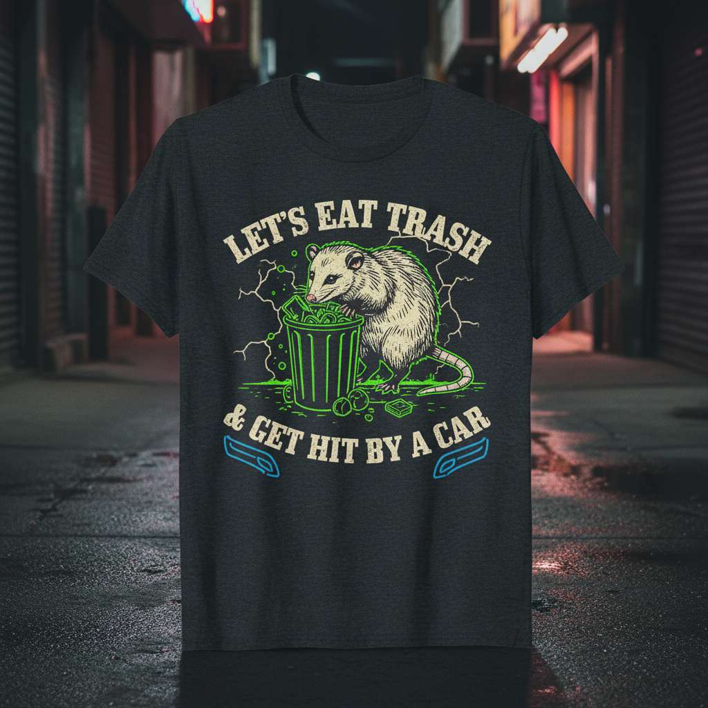 Lets Eat Trash & Get Hit By A Car Funny Graphic T-Shirt, Opossum Tee Novelty Merch