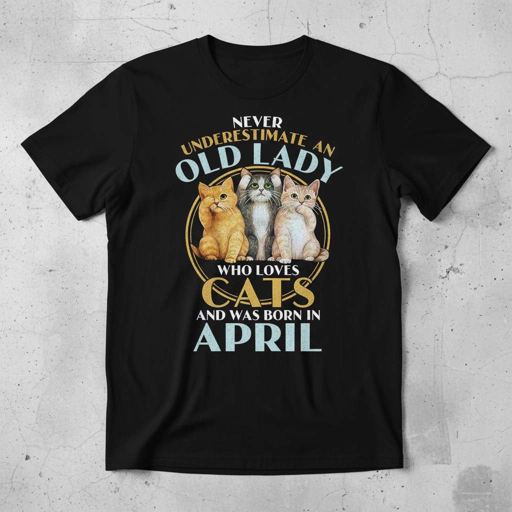 Never Underestimate an Old Lady Who Loves Cats and Was Born in April T-Shirt, Funny Cat Mom Tee Gift Idea
