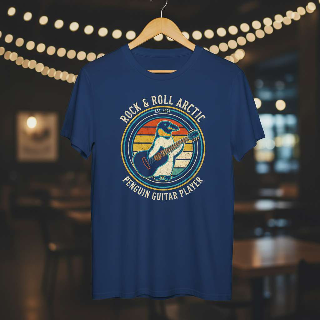 Rock & Roll Arctic Penguin Guitar Player Retro T-Shirt, Funny Music Tee Gift Idea