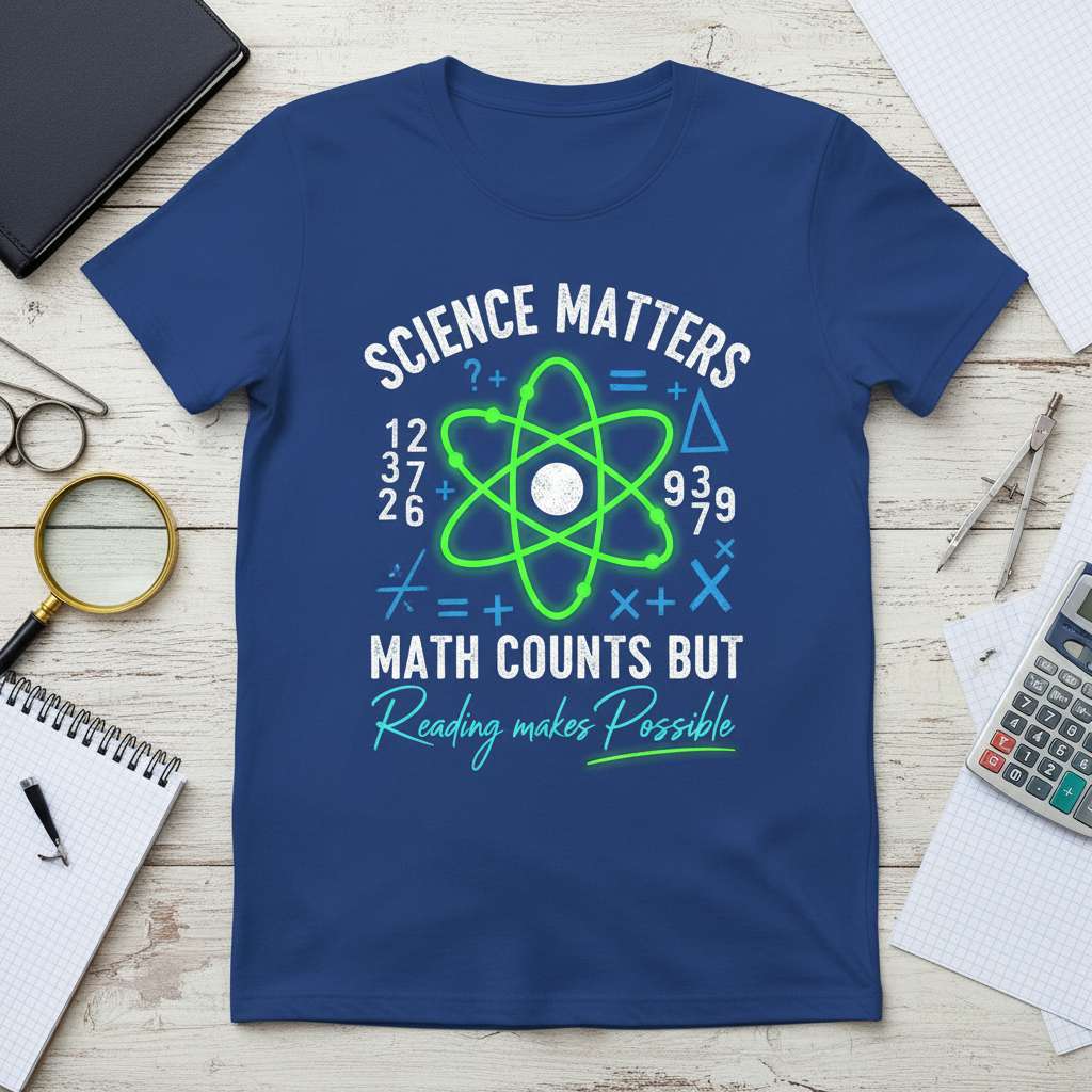 Science Matters Math Counts But Reading Makes Possible Graphic T-Shirt, Funny Science Tee