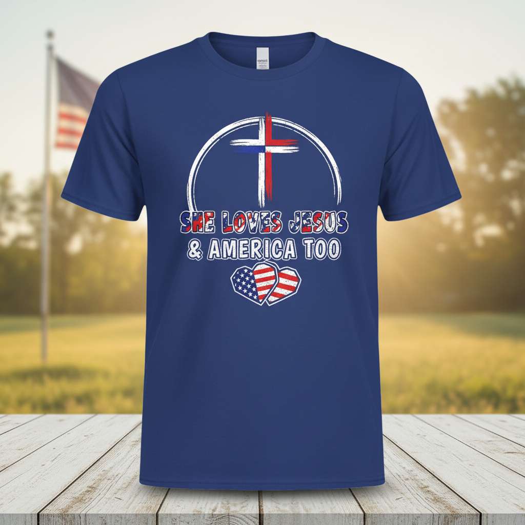 She Loves Jesus & America Too Graphic T-Shirt, Patriotic Cross Tee