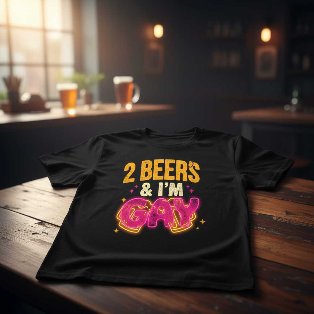 2 Beers & Im Gay Graphic T-Shirt Funny LGBTQ Novelty Tee Gift Idea