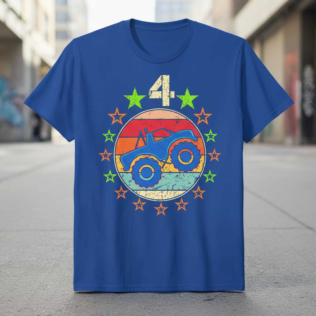4 Years Old Monster Truck Vintage Graphic T-Shirt Tee Birthday Gift Outfit