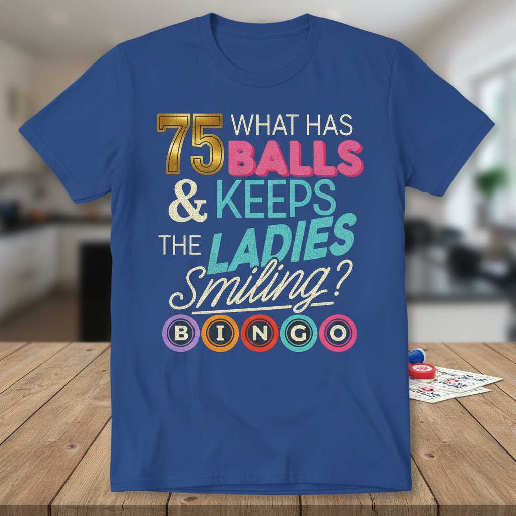 75 What Has Balls & Keeps The Ladies Smiling Bingo Graphic T-Shirt Novelty Tee