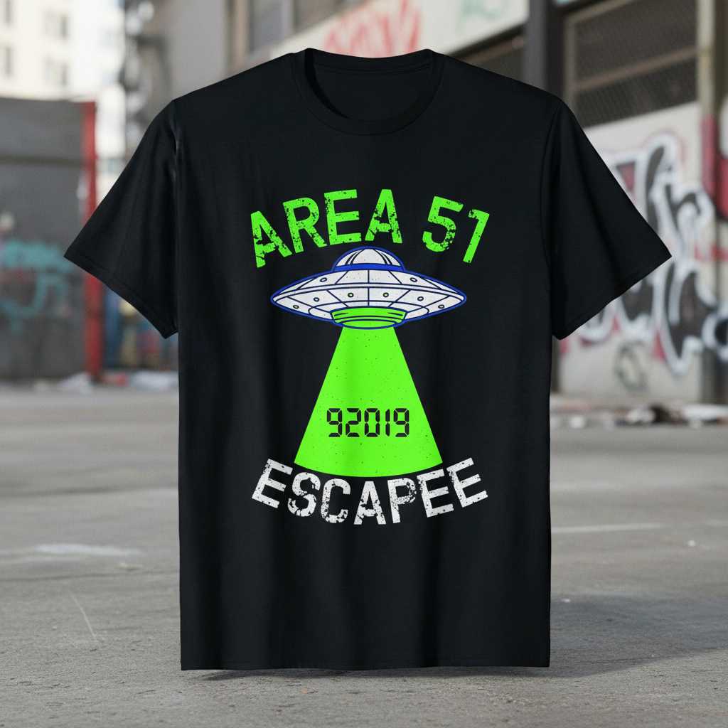 AREA 51 Escapee 92019 UFO Graphic T-Shirt Alien Fan Novelty Tee Gift Idea