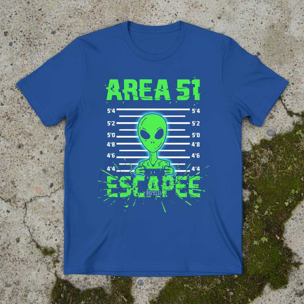 AREA 51 Escapee Alien UFO Graphic T-Shirt Novelty Tee Gift for Sci-Fi Fans