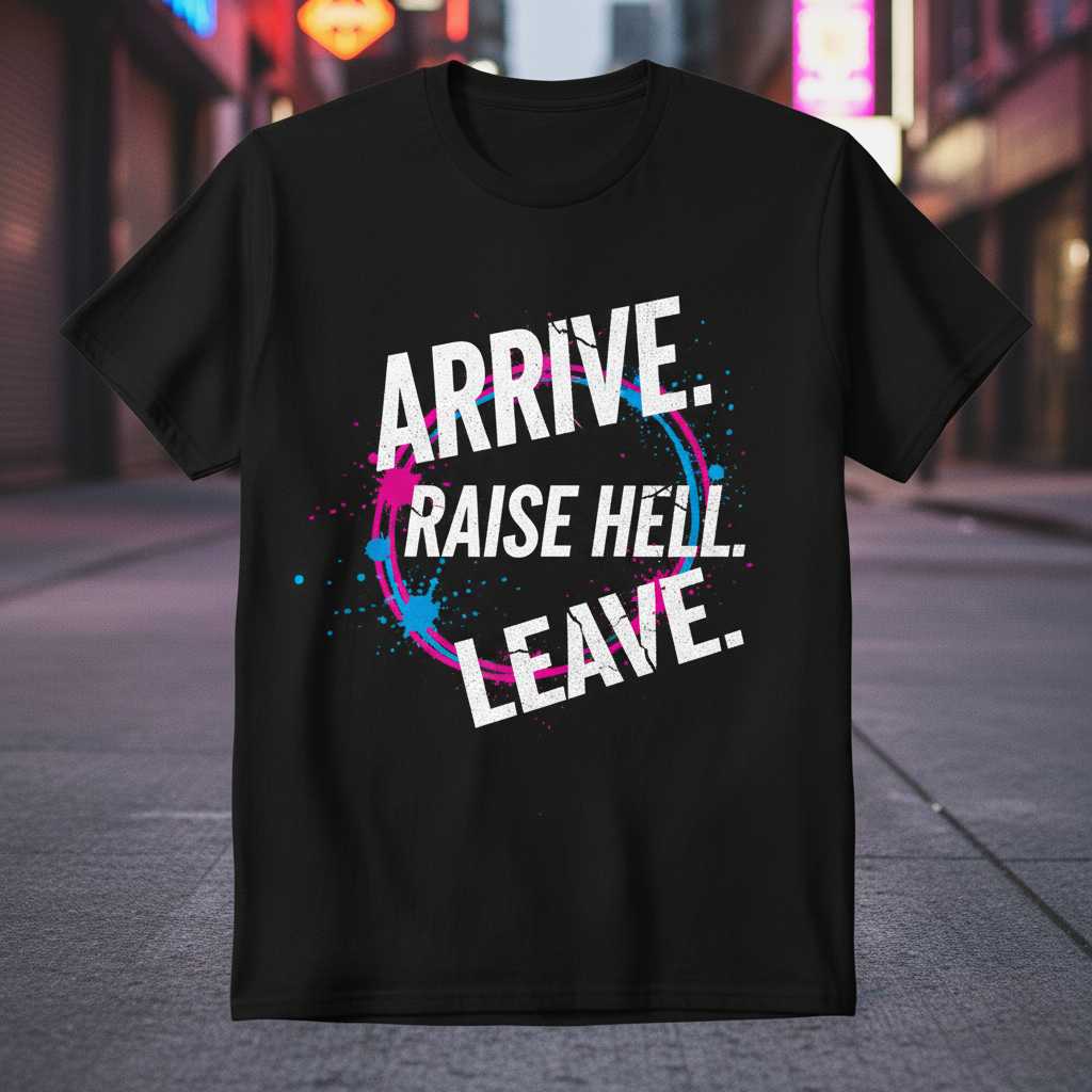ARRIVE. RAISE HELL. LEAVE. Graphic T-Shirt Novelty Tee Unisex Casual Top Gift