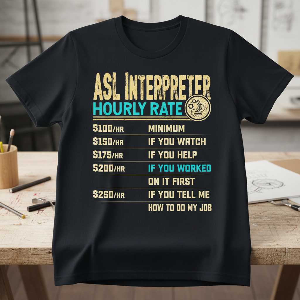 ASL Interpreter Hourly Rate Graphic T-Shirt Tee Novelty Gift Idea for Enthusiasts