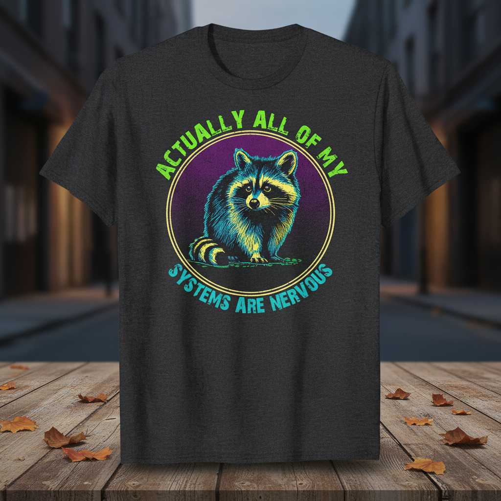 Actually All Of My Systems Are Nervous Raccoon Graphic T-Shirt Novelty Tee
