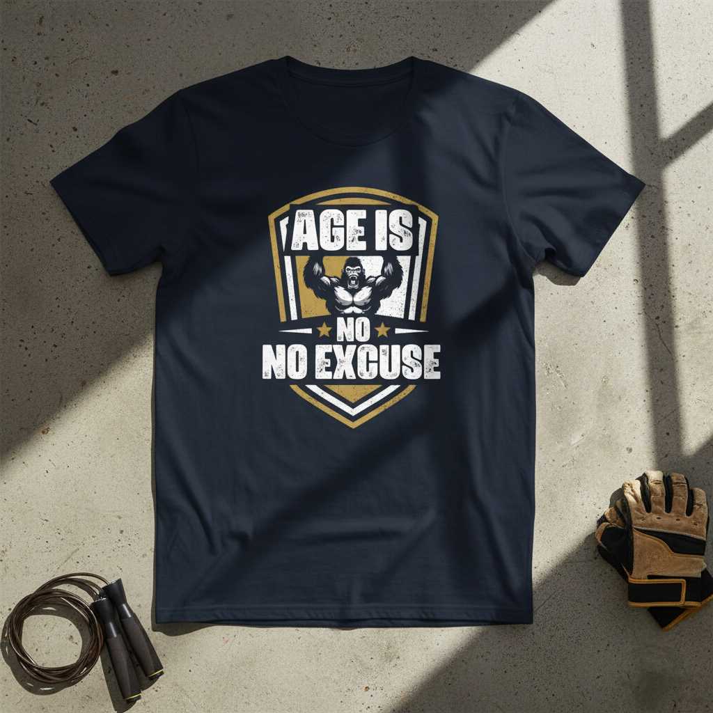 Age Is No Excuse Gorilla Motivational Graphic T-Shirt Gym Tee Workout Gear
