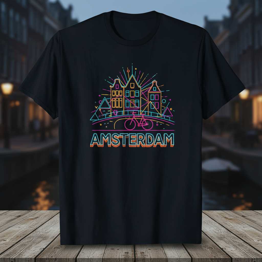 Amsterdam Graphic T-Shirt Neon Cityscape Tee Souvenir Clothing Gift Idea