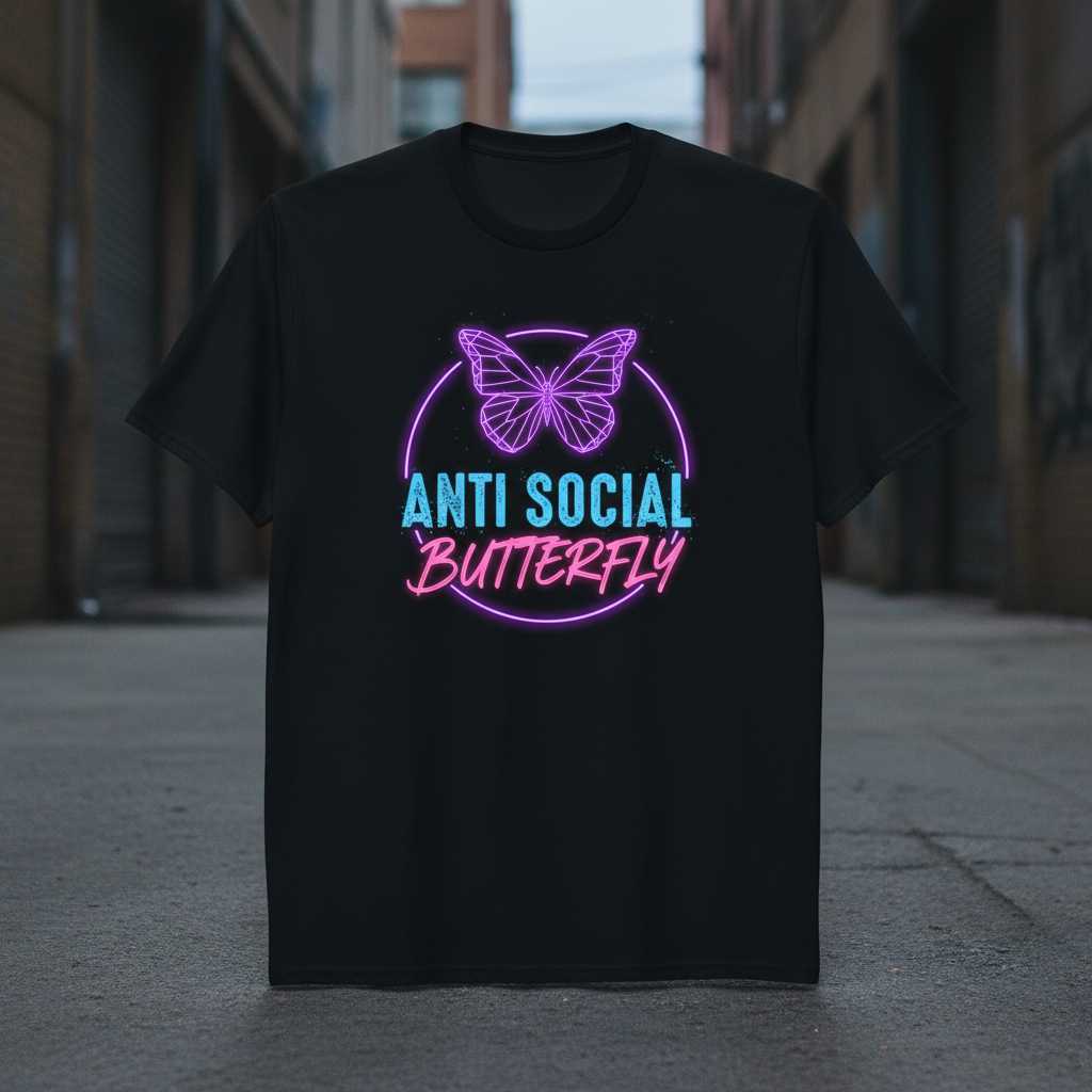 Anti Social Butterfly Graphic T-Shirt Neon Print Novelty Tee Gift Idea for Introverts