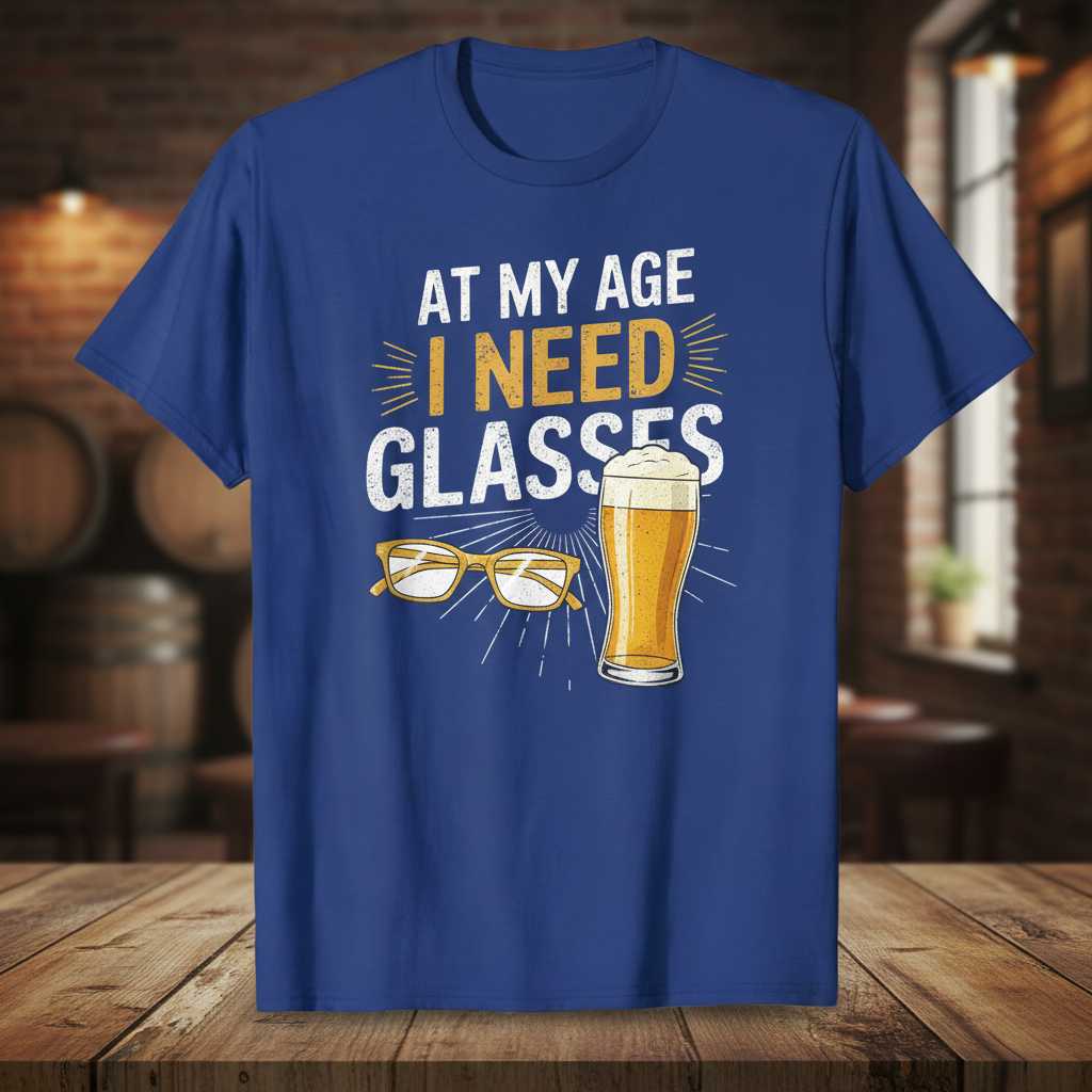 At My Age I Need Glasses Funny Beer Graphic T-Shirt Novelty Tee Gift Idea