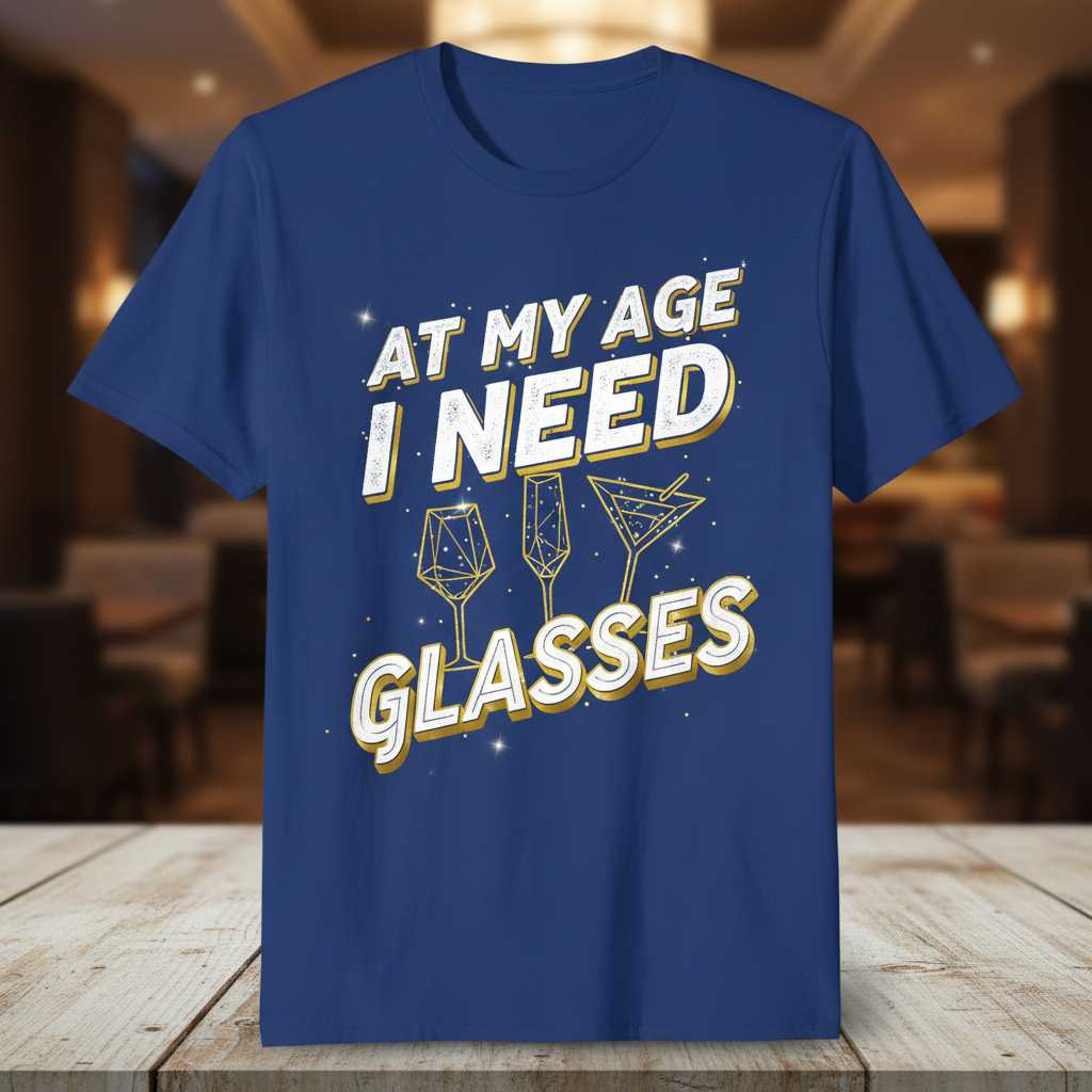 At My Age I Need Glasses T-Shirt Tee Graphic Novelty Gift for Wine Lover