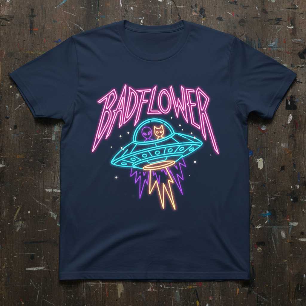 BADFLOWER Alien Cat UFO Neon Graphic T-Shirt Retro Unisex Tee Gift for Fan