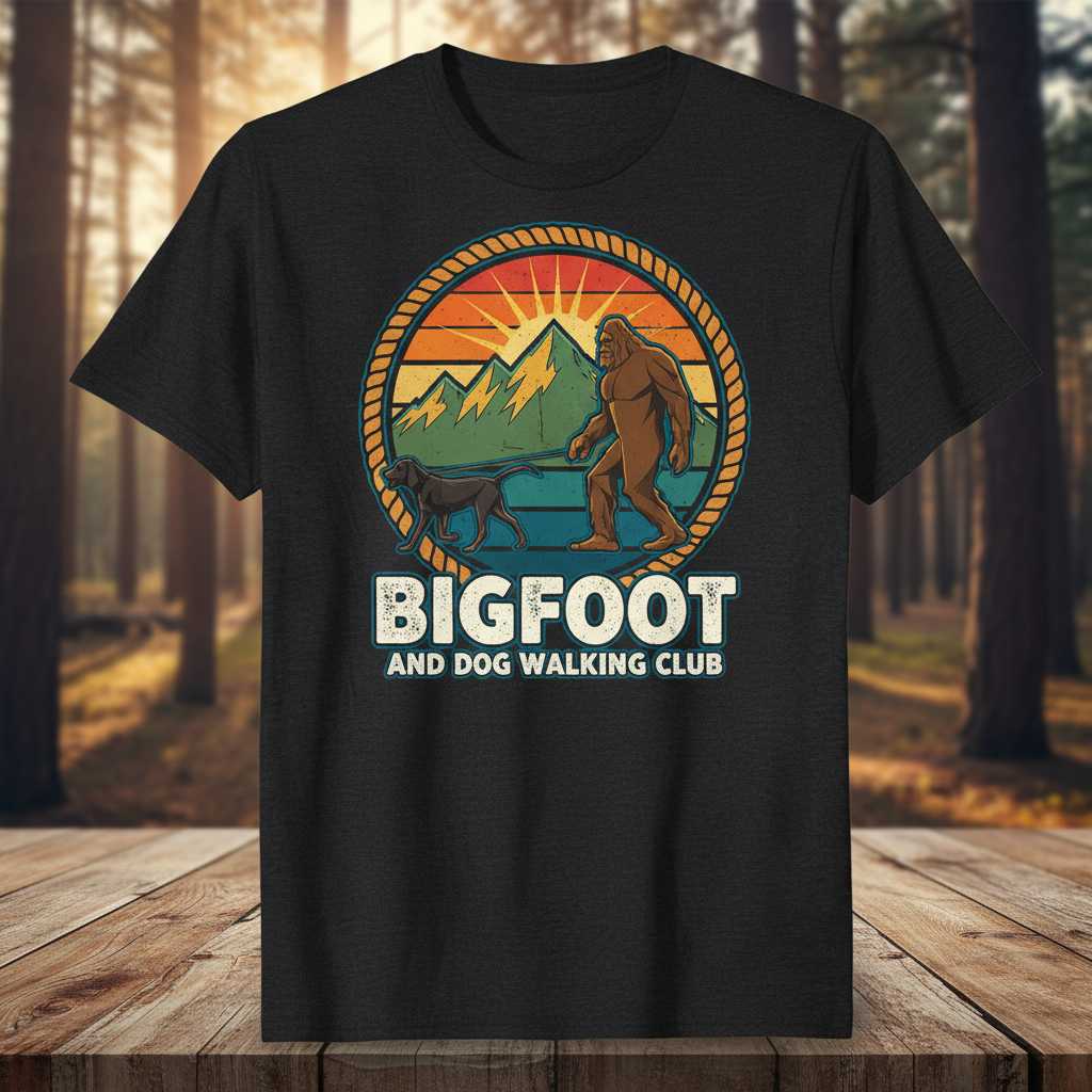 BIGFOOT AND DOG WALKING CLUB Vintage Graphic T-Shirt Novelty Tee for Dog Lovers