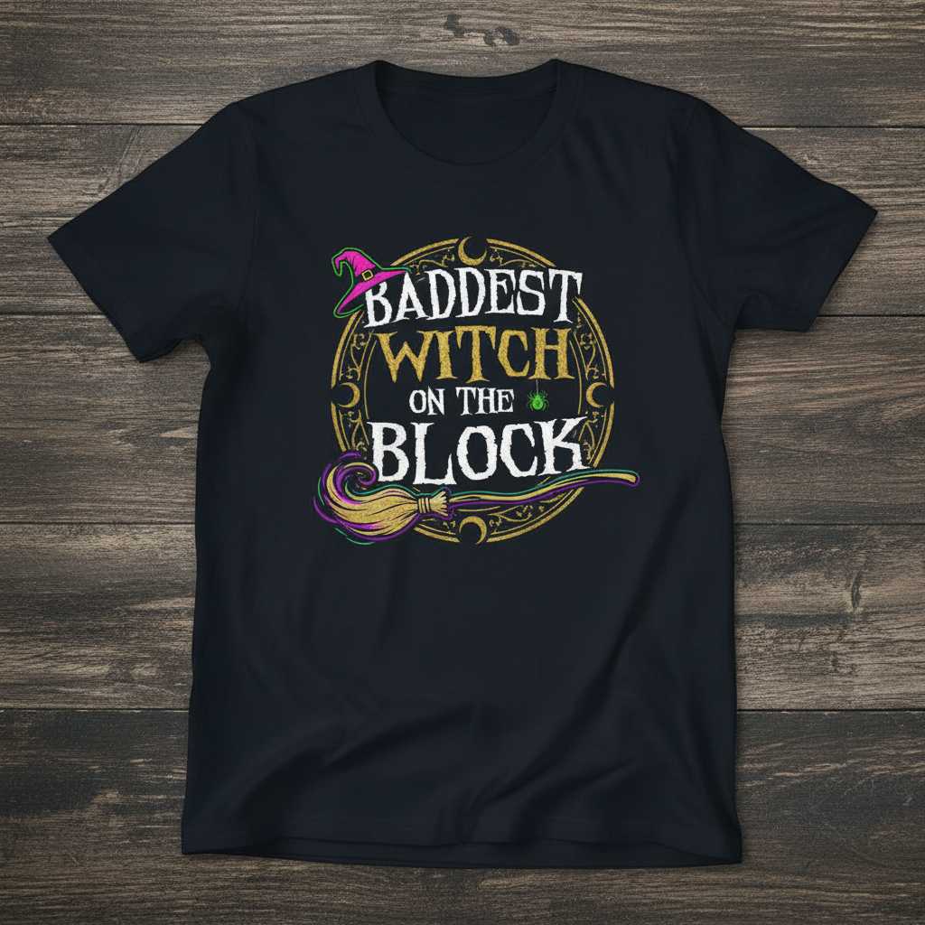 Baddest Witch On The Block Graphic T-Shirt Novelty Tee Halloween Gift Outfit