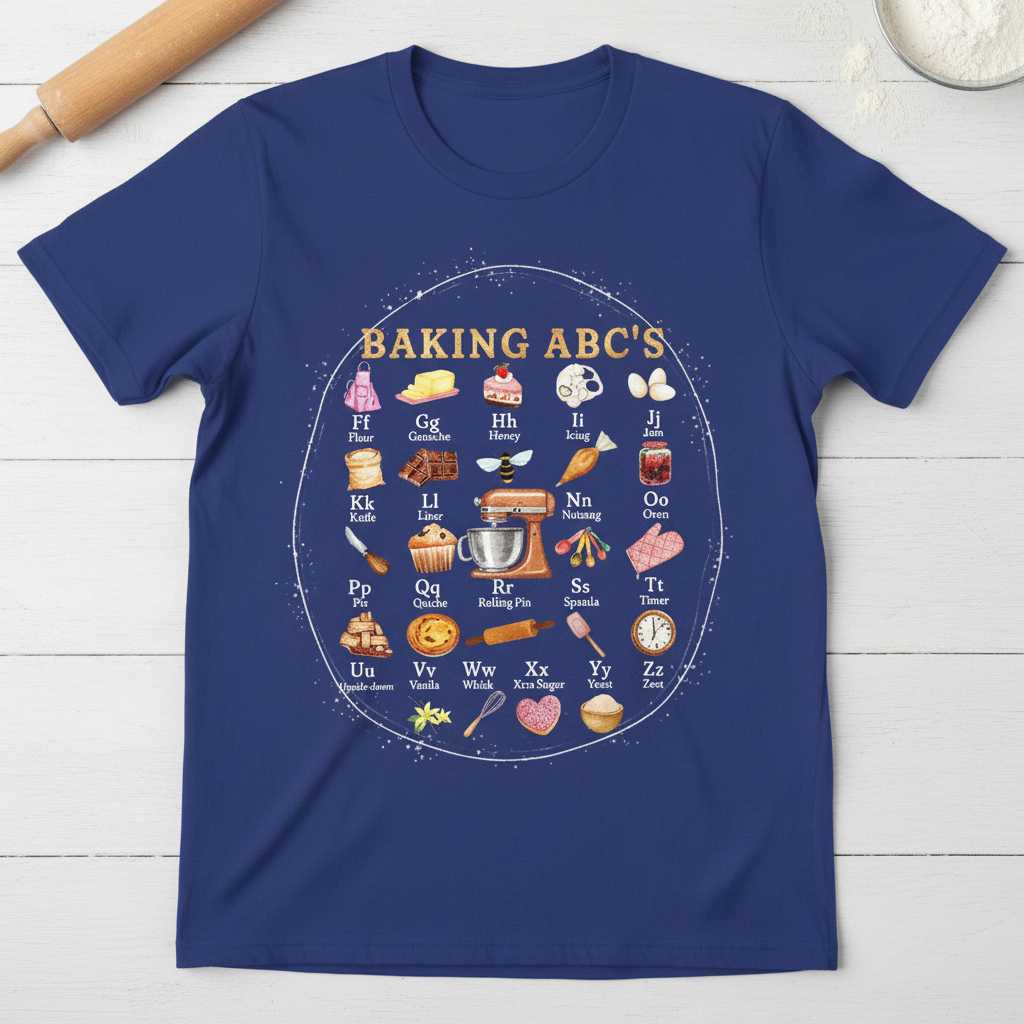 Baking ABCs Graphic T-Shirt Tee Novelty Unisex Top Gift Idea for Baking Lovers