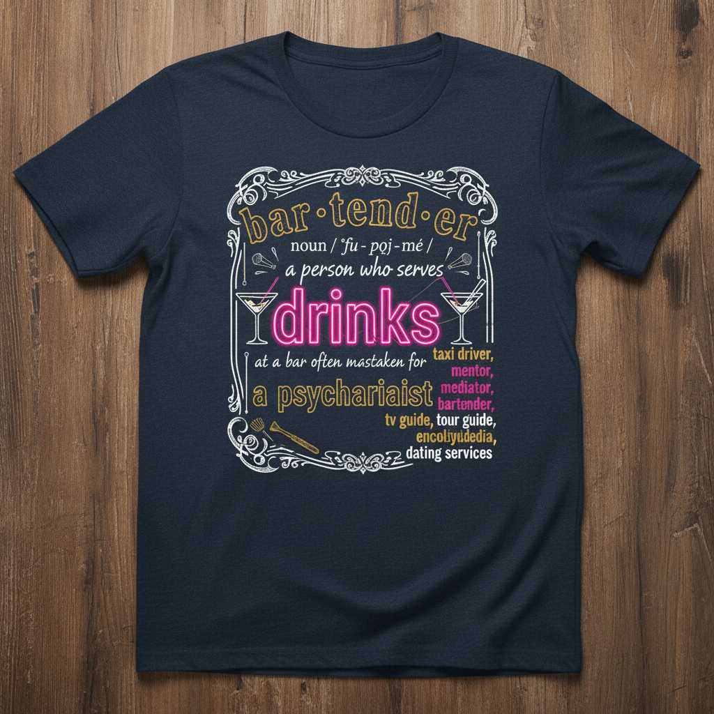 Bar Tender Definition Drinks Psychariat T-Shirt Tee Novelty Gift for Bartender Fans