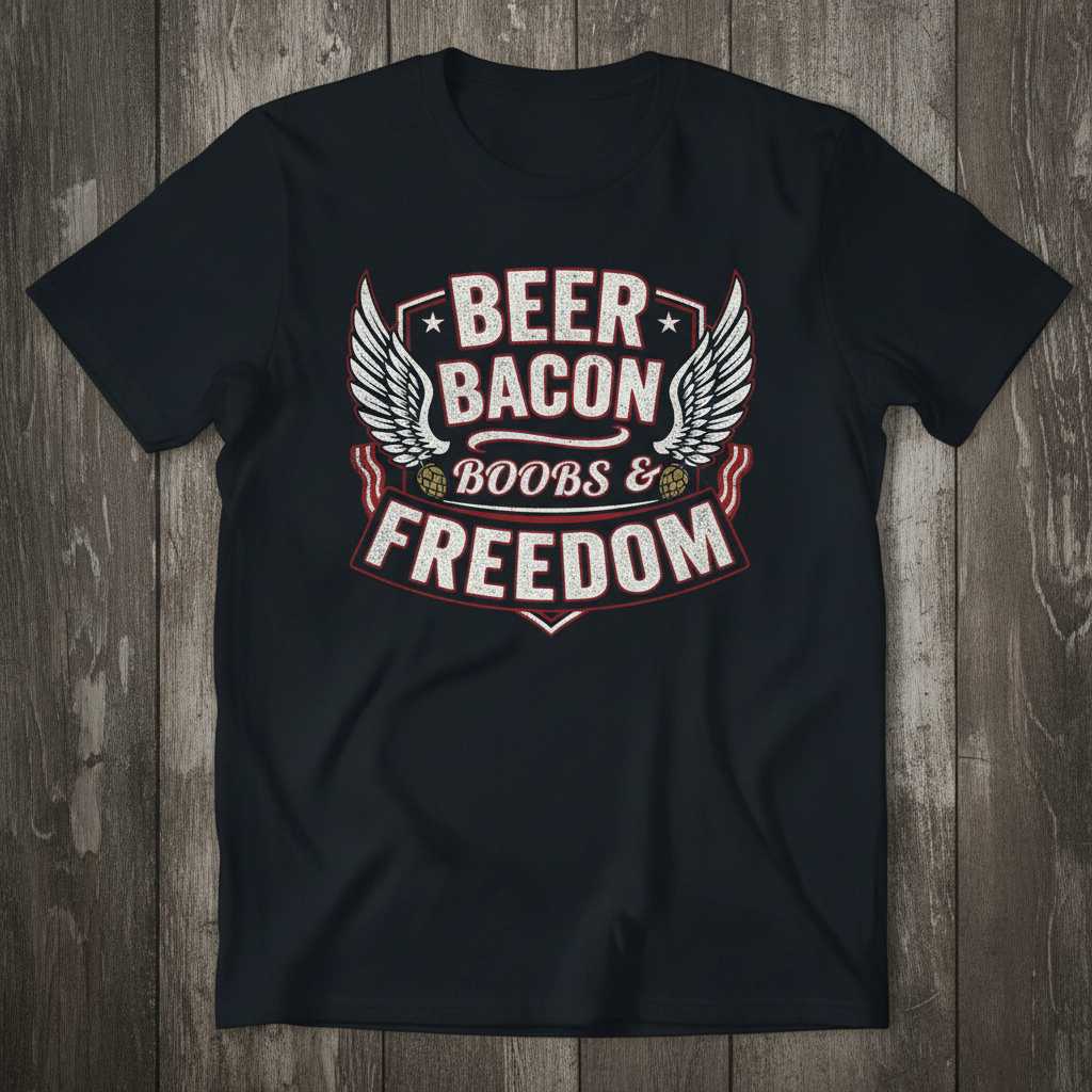 Beer Bacon Boobs & Freedom Graphic T-Shirt Novelty Tee for American Pride Fans