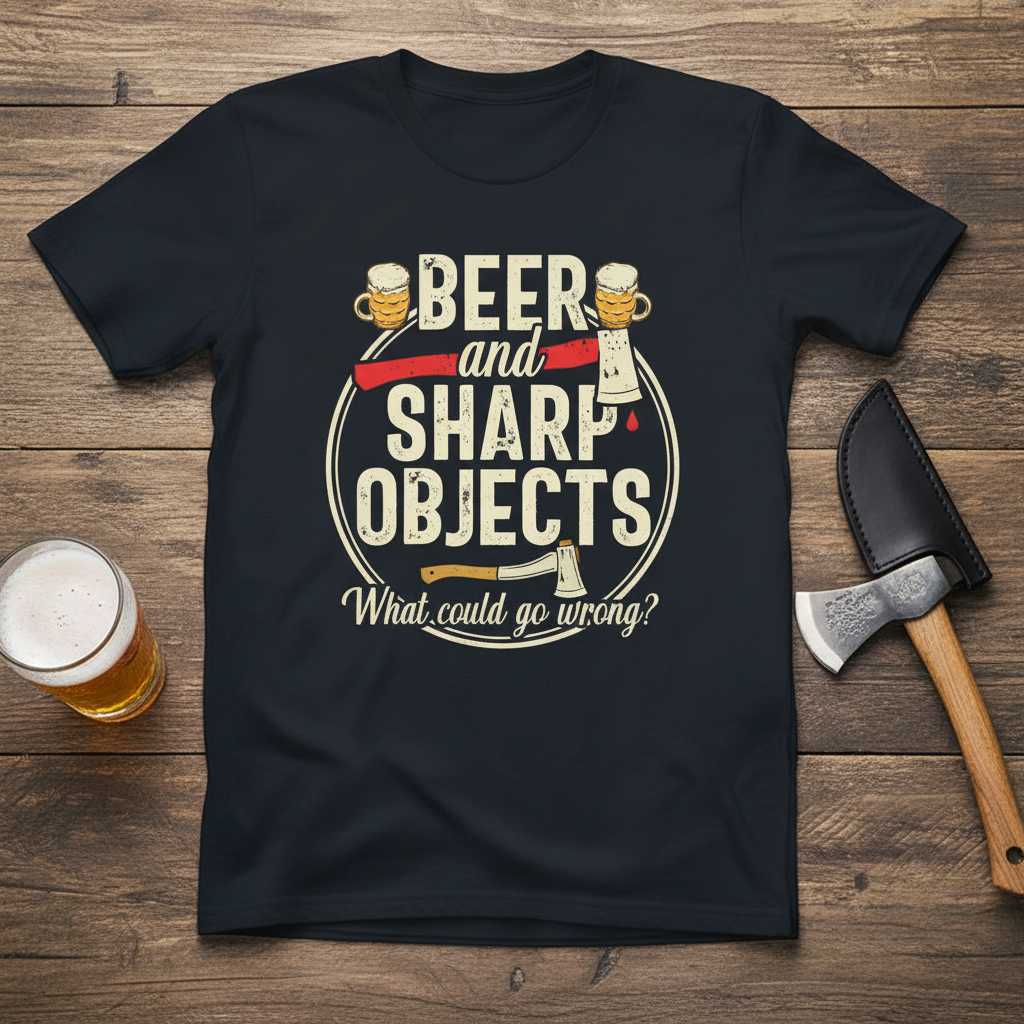 Beer and Sharp Objects What Could Go Wrong T-Shirt Tee Graphic Novelty Gift